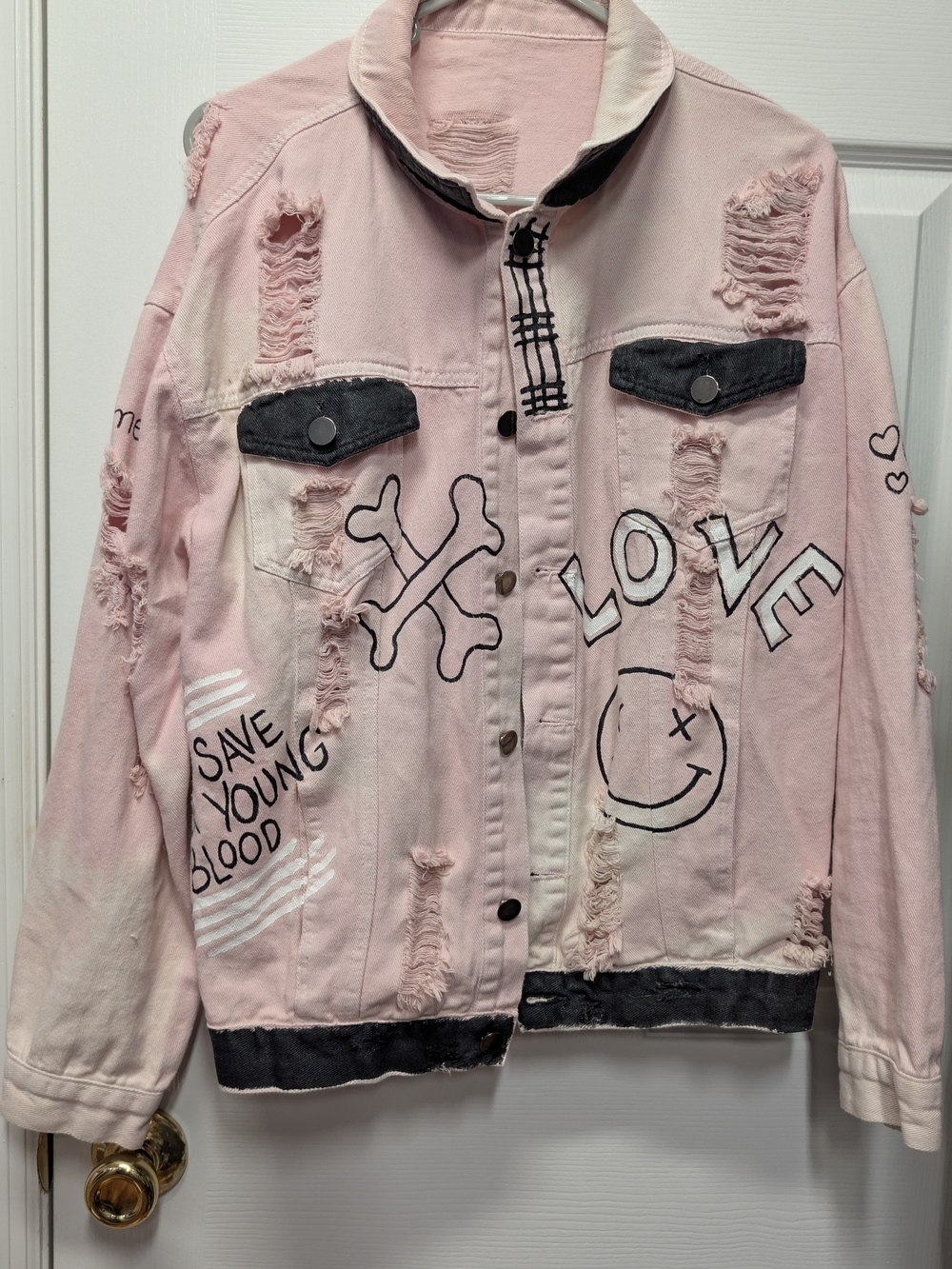 Wren & Glory Pink Distressed Hand Painted Graffiti Denim Jacket